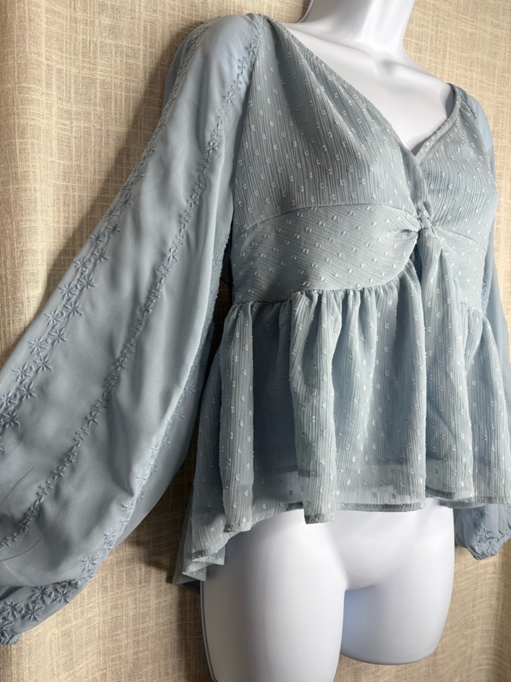 American Eagle Outfitters Baby Blue Swiss Dot Peplum Tie-Front Blouse Sz large